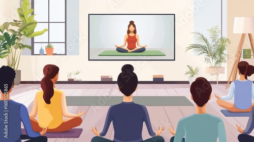 Group of people doing online yoga class at home watching tv