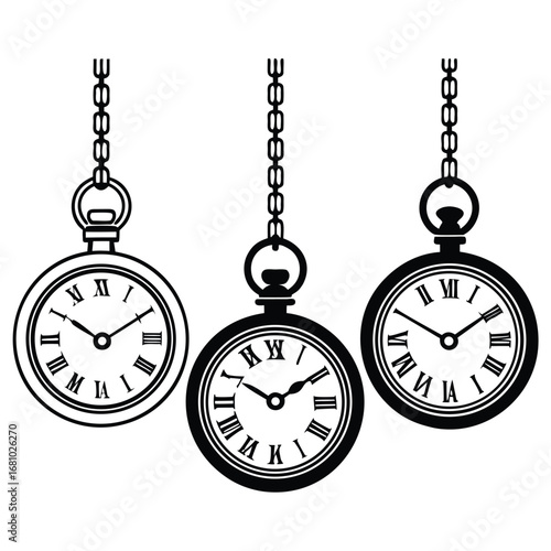 Pocket watch icons with chains outline and filled time