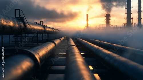 Industrial pipeline sunset scene oil refinery location photography content urban environment low angle viewpoint energy concept for seo impact