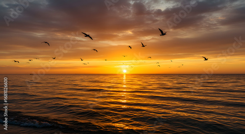 Fototapeta Naklejka Na Ścianę i Meble -  Birds Flying Over the Sea During Sunset