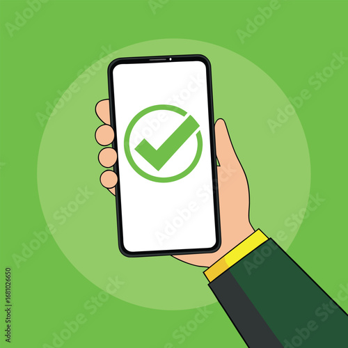 Hand holding smartphone with green checkmark mobile phone