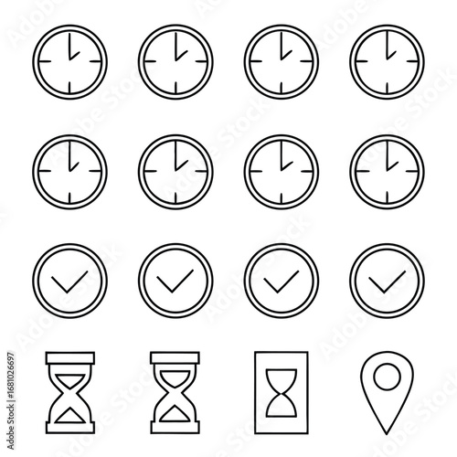 Collection of time and location icons on white background