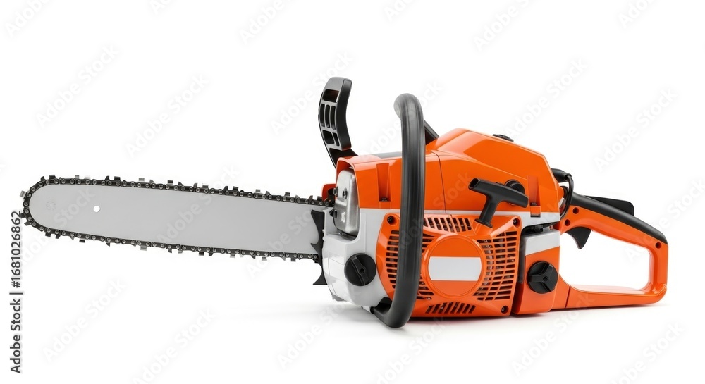 Fototapeta premium Powerful orange and white chainsaw, a robust and essential tool for woodcutting, logging, and forestry work, isolated on a white background.