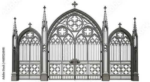 Ornate Gothic Revival style metal gate with intricate quatrefoil patterns and pointed arches, isolated on a clean white background.