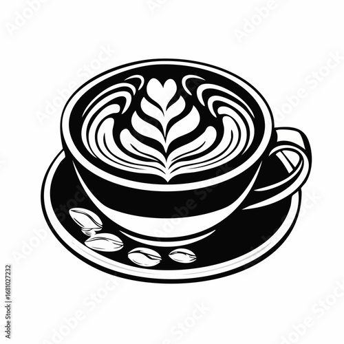 Coffee cup with latte art featuring Vector Image isolated on white background.