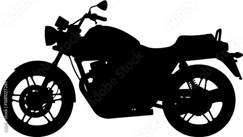 Minimal black silhouette of a modern motorcycle, clean flat design, no gradients, side view.