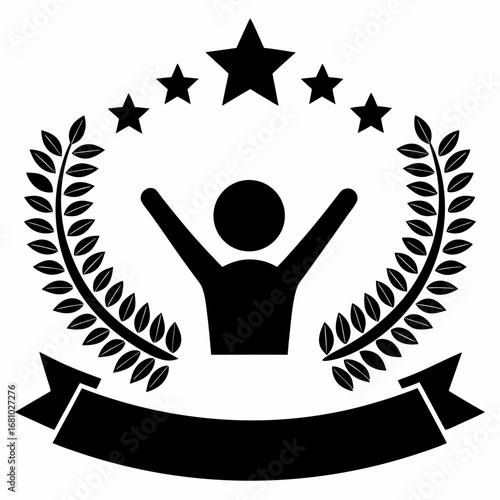A person with arms raised in victory surrounded by laurel wreath and stars