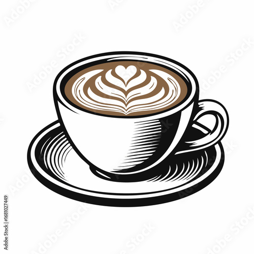 Coffee cup with latte art featuring Vector Image isolated on white background.