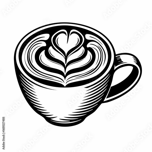 Coffee cup with latte art featuring Vector Image isolated on white background.