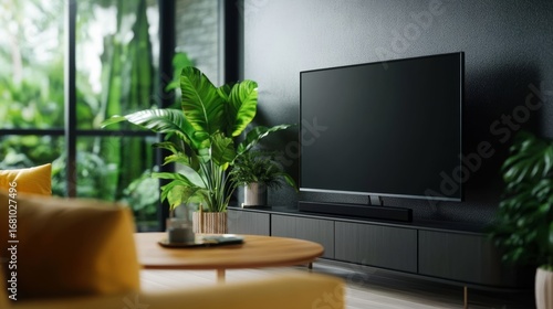 Modern living room design featuring a tv and lush greenery indoor space home decor contemporary style relaxed ambiance