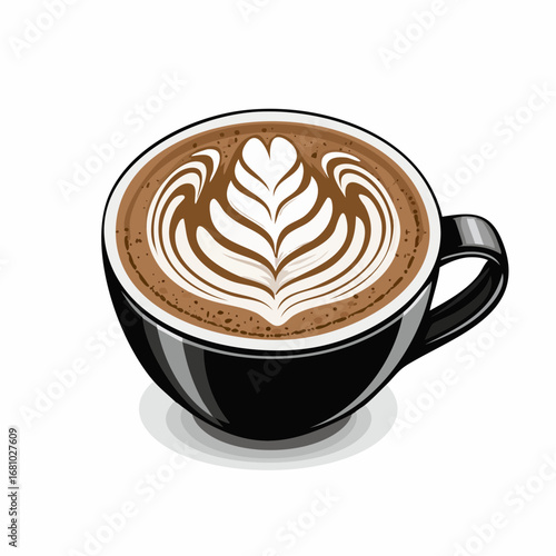 Coffee cup with latte art featuring Vector Image isolated on white background.