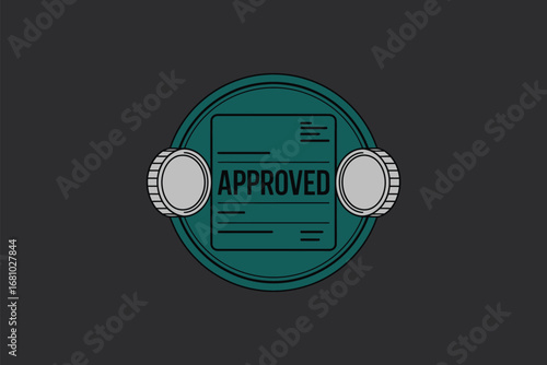 A teal approved stamp with a document and two silver coin like circles on a dark gray background