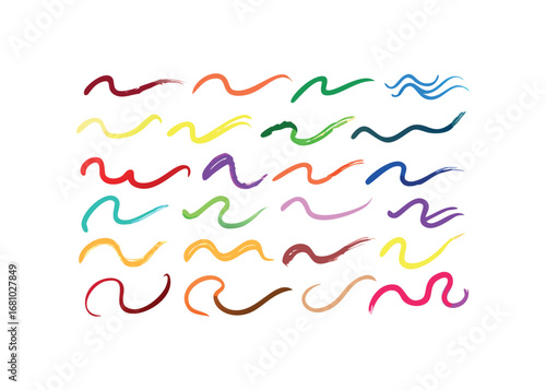 Collection of colorful brush stroke curves on white