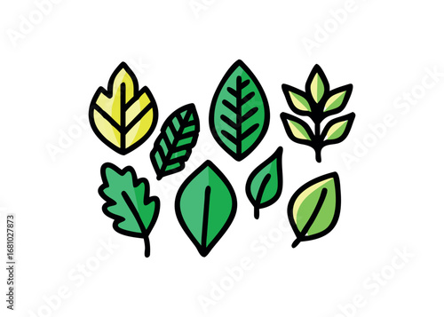 Assortment of stylized leaves with thick black outlines in green and yellow