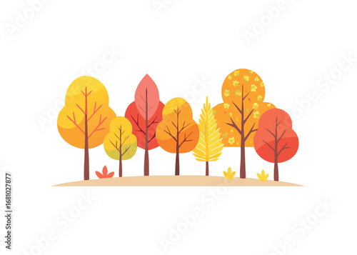 Stylized autumn trees in warm orange, yellow, and red colors on a neutral surface