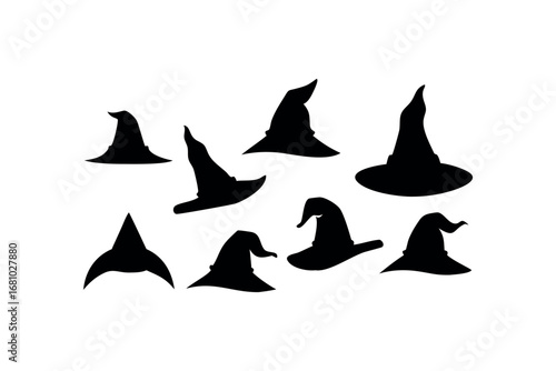Collection of stylized witch hats silhouette graphic elements