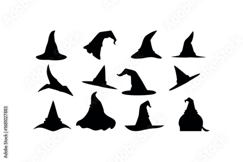 Collection of black witch hat silhouettes on a white background