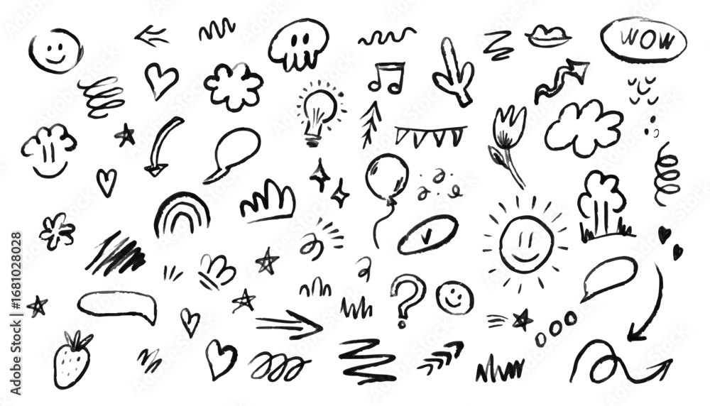 Fototapeta premium Hand drawn doodle set of doodle elements. Vector illustration. Black and white vector illustration.