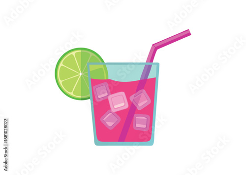 Refreshing pink drink with ice cubes and lime garnish