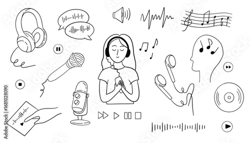 Music doodles. Vector illustration of woman with microphone, headphones and notes on the white background