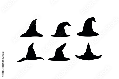 Collection of Six Black Witch Hat Silhouettes Isolated on Transparent Background