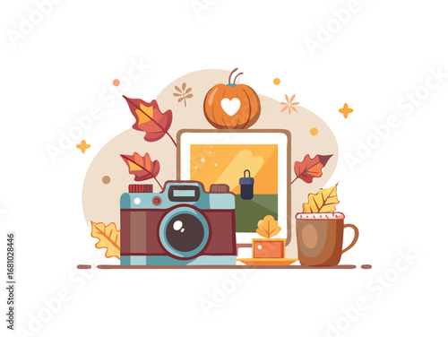 Autumnal still life with camera, pumpkin, and warm drink