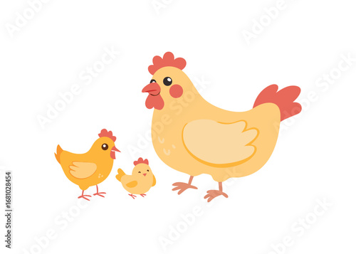 Cute cartoon chicken family with two chicks on transparent background