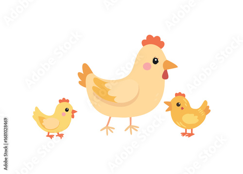 Cute cartoon mother hen with two chicks isolated on white