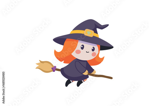 Cute witch character with ginger hair flying on broomstick for Halloween