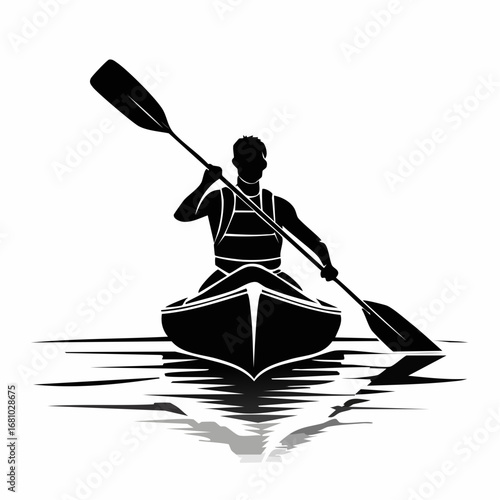 Silhouette Man athlete canoeing on water illustration Vector Image isolated on white background.
