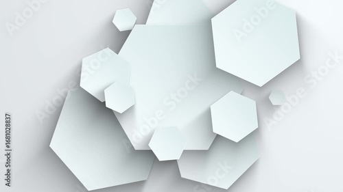 Clean and modern 3D animation of floating white hexagons on a light background, creating a minimalist geometric design with subtle depth.