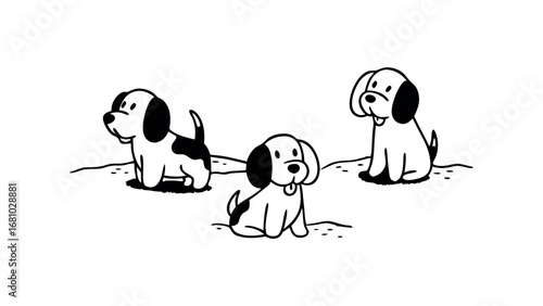 Three playful puppies sitting on ground detail isolated on white background