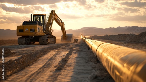 Excavation and pipeline installation in desert landscape construction site at dusk action shot industrial environment perspective