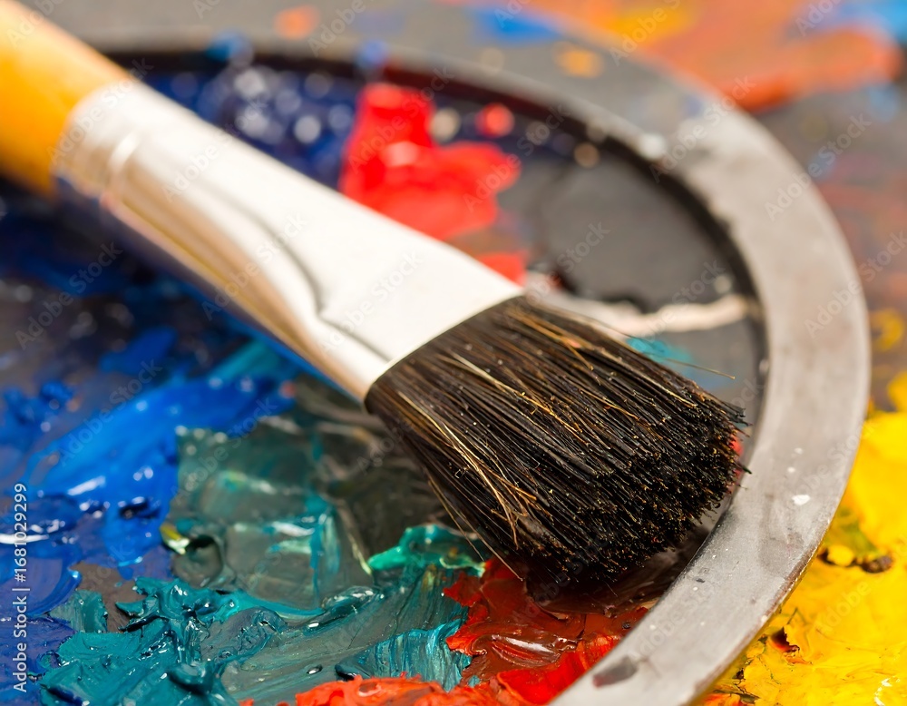 Obraz premium Paintbrush rests on a palette with vibrant, mixed oil paints