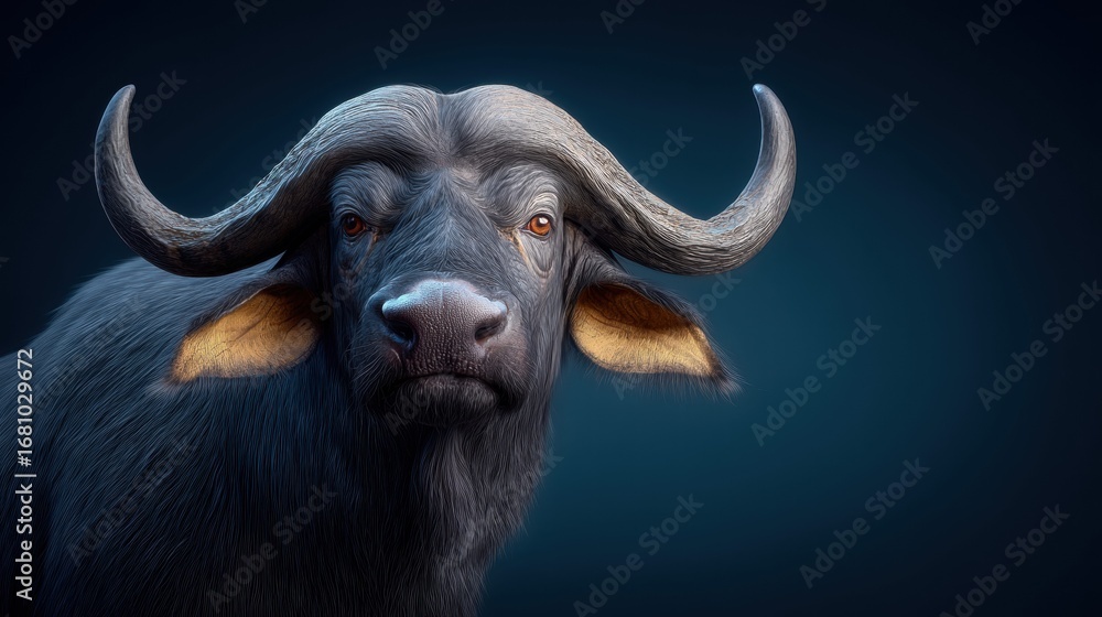 Naklejka premium A striking portrait of a Cape buffalo with impressive horns and intense eyes.