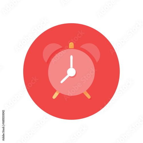 Flat alarm clock with two bells on a red circular background