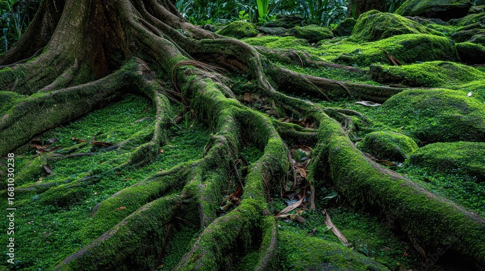 Obraz premium Lush forest floor, moss-covered roots