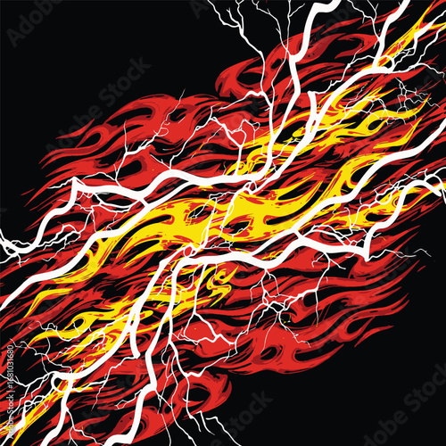 Intense abstract background combining fiery flames and powerful lightning bolts in a dynamic and chaotic composition vector illustration
