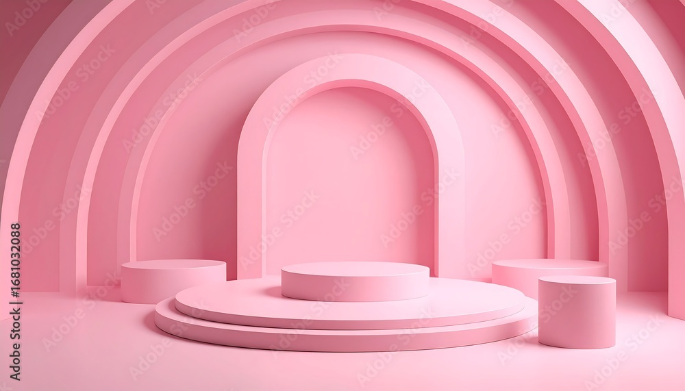 Obraz premium Minimal Pink Geometric Stage: 3D Rendered Arches & Podiums for Product Display Backdrop