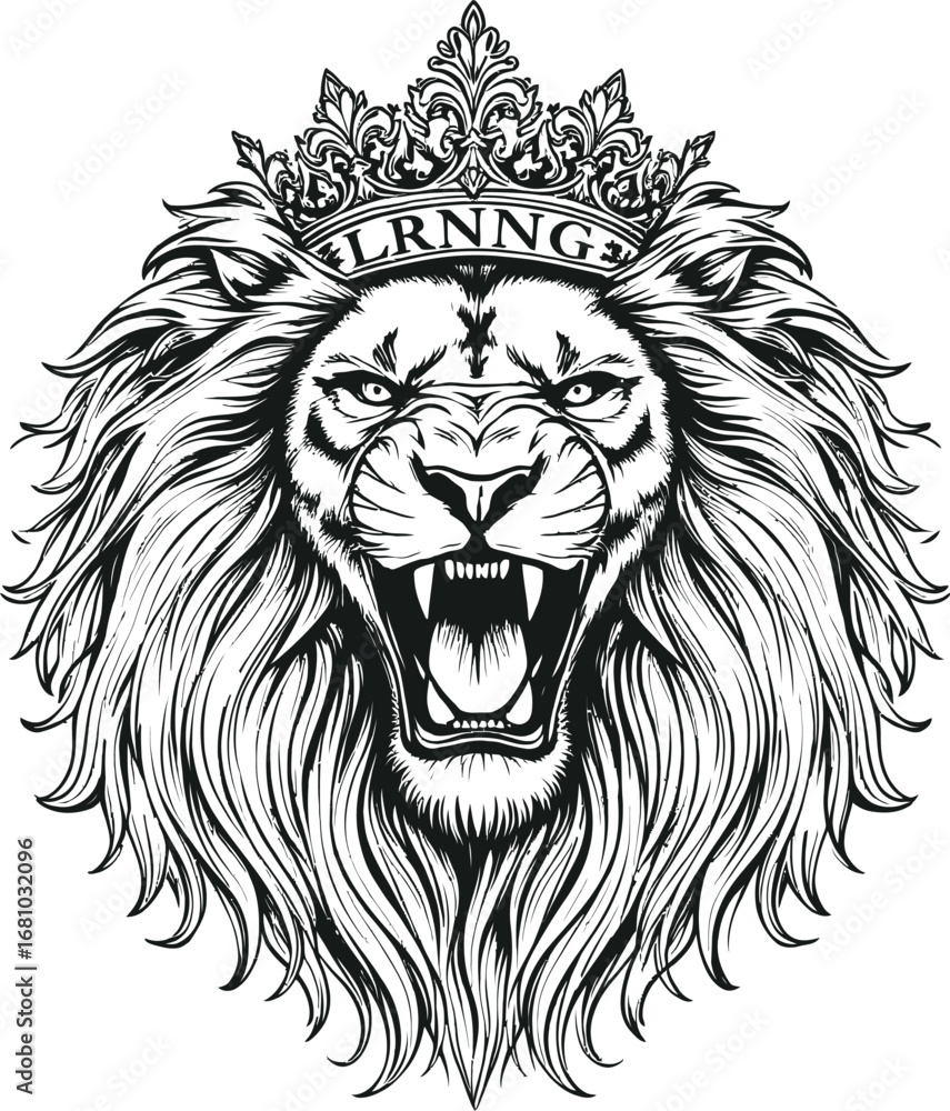 Obraz premium Roaring lion head with ornate crown vector, fierce animal illustration symbolizing strength, royalty and artistic power