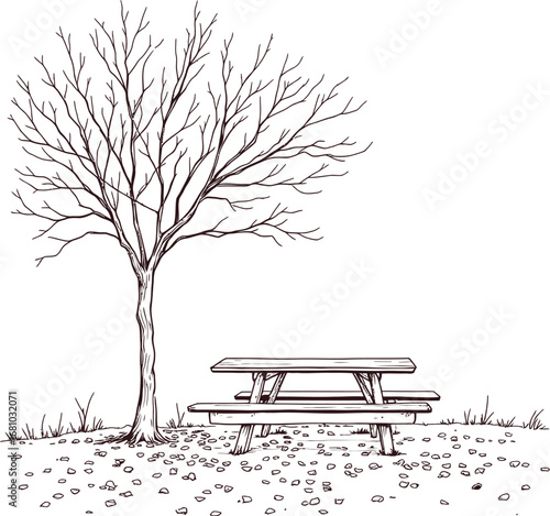 Leafless tree and picnic table sketch with scattered leaves, minimal nature scene symbolizing solitude and seasonal change