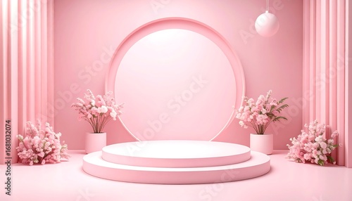 Elegant Pink Minimalist Display Stage with Pedestal, Arch, and Floral Decor for Product Presentation