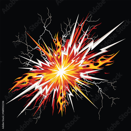 Bright, explosive starburst effect combining fire, flames, and electric lightning for a powerful comic book style blast vector illustration