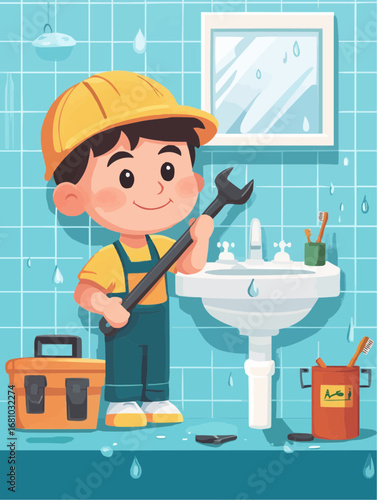 Cheerful plumber character fixing sink with wrench, water drops and toolbox nearby, flat naive cartoon poster