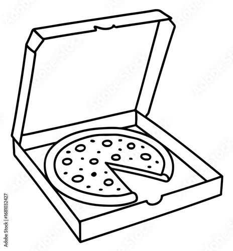 Coloring page pizza outline box with missing slice sketch