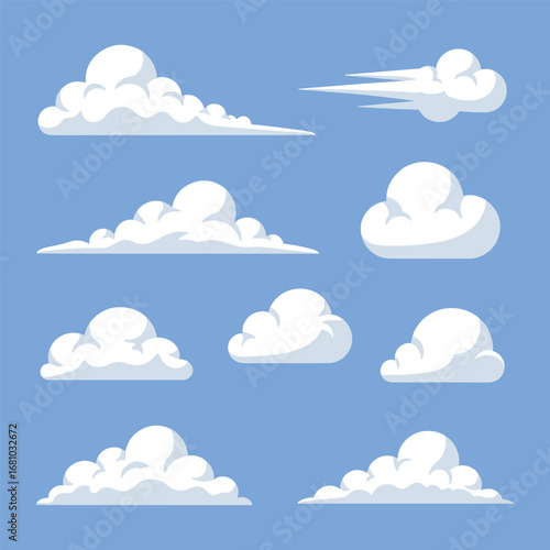 Collection of various white cartoon cloud shapes, including windy and fluffy types, on a bright blue sky background vector illustration