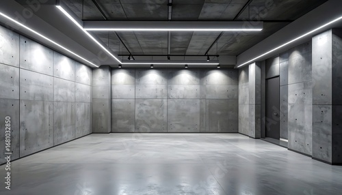 Empty Modern Industrial Concrete Room with Linear LED Lighting - Sleek Interior Design Background