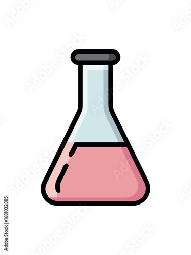 Laboratory Erlenmeyer flask with pink liquid and light blue liquid on transparent background