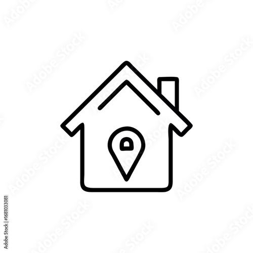 Outline sketch of a house with a location pin icon inside