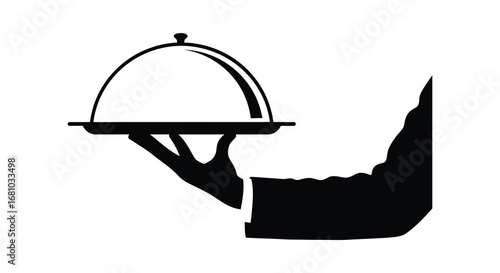 a hand holding a covered serving dish on a tray silhouette